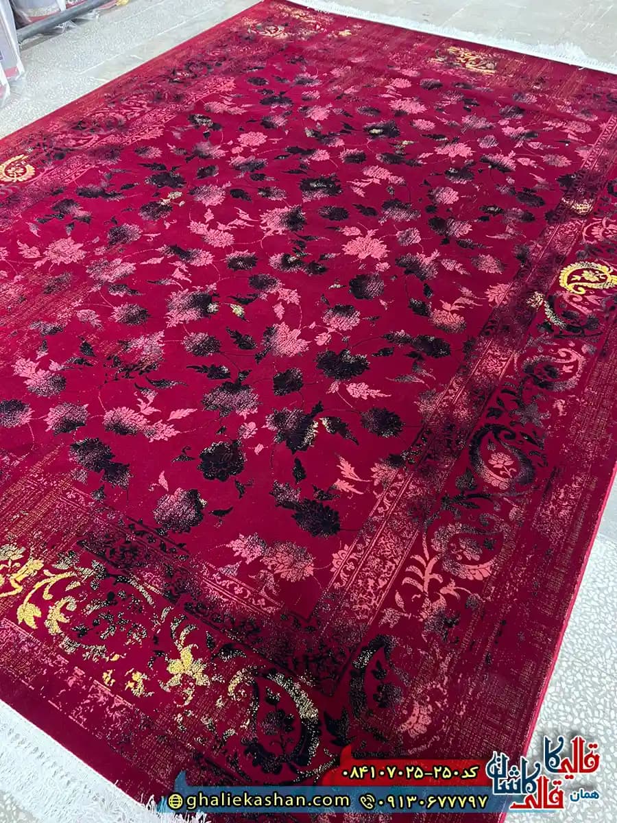 فرش وینتیج 700 شانه طرح افشان پاییز رنگ قرمز روناسی کاشان — تصویر ۳