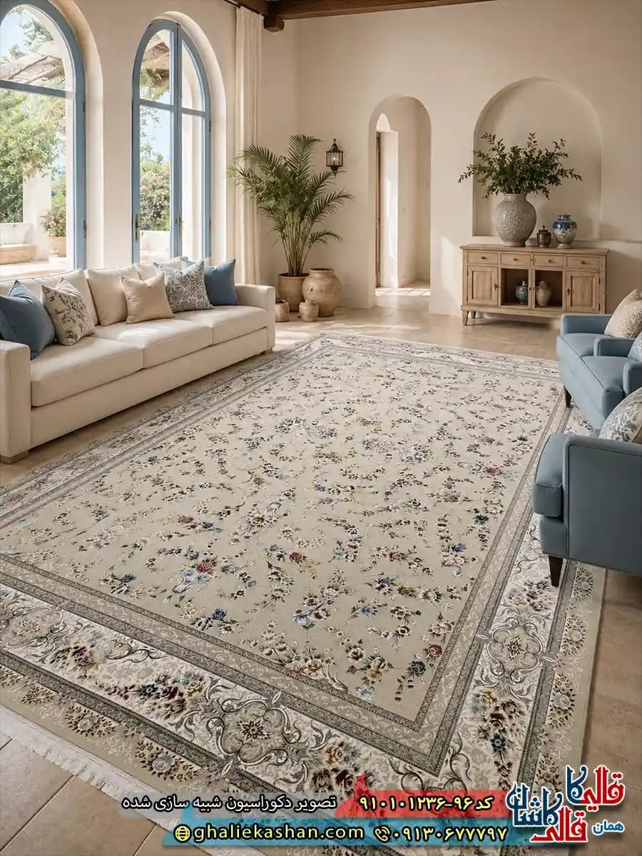 فرش کلاسیک 1200 شانه طرح افشان ایلیا رنگ بژ کاشان