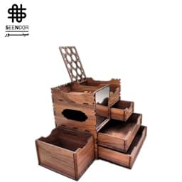 استند لوازم آرایش و لوازم التحریر چوبی سینور. دارای 4 کشو(یک کشو مخفی)،آینه نشکن، جعبه دستمال،استند جواهرات و استند گوشی — تصویر ۲