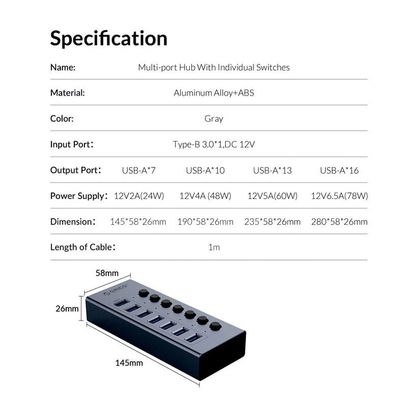 هاب USB3.0 هفت پورت اوریکو مدل BT2U3-7AB — تصویر ۱۱