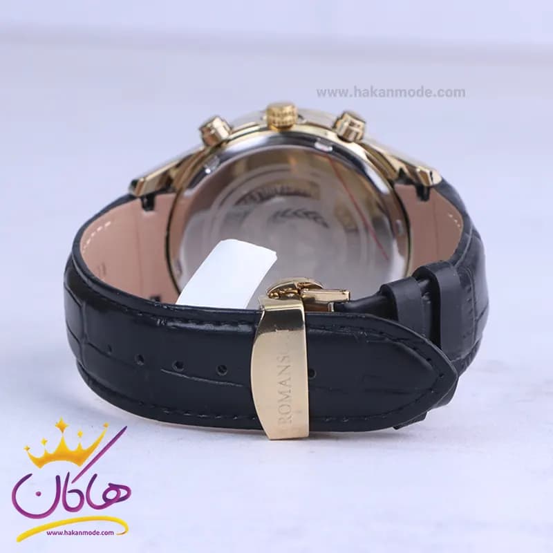 ساعت عقربه ای رومانسون مردانه چرم مشکی قاب طلایی G 2101/3 — تصویر ۳