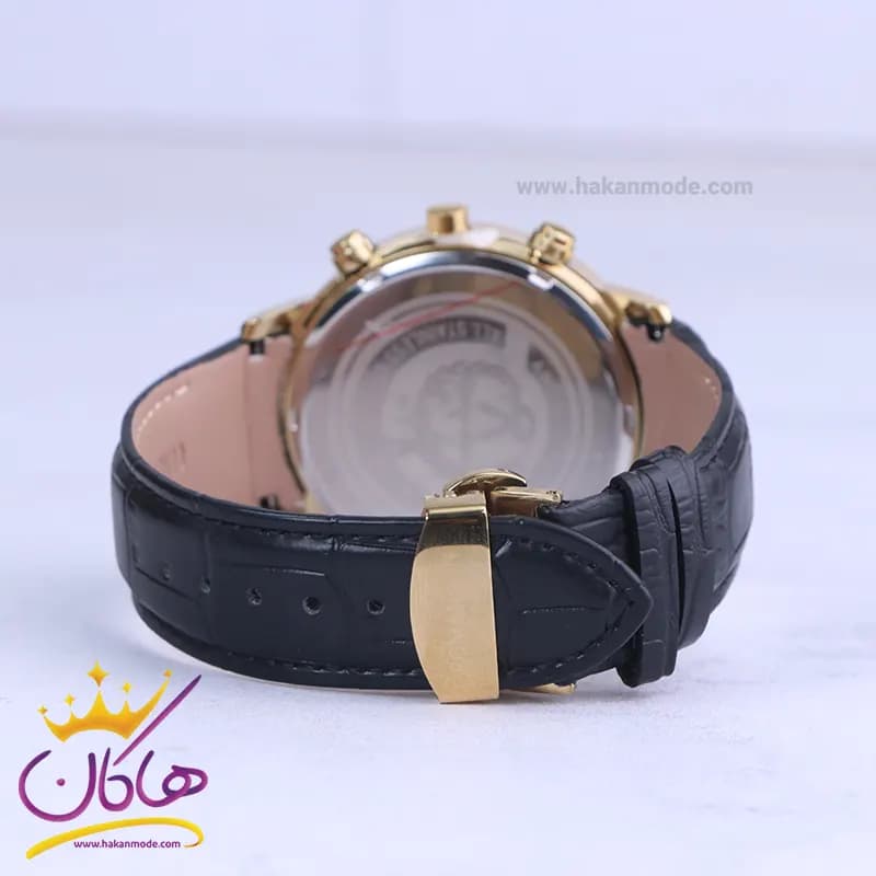 ساعت عقربه ای رومانسون مردانه چرم مشکی قاب طلایی G 2070/1 — تصویر ۳