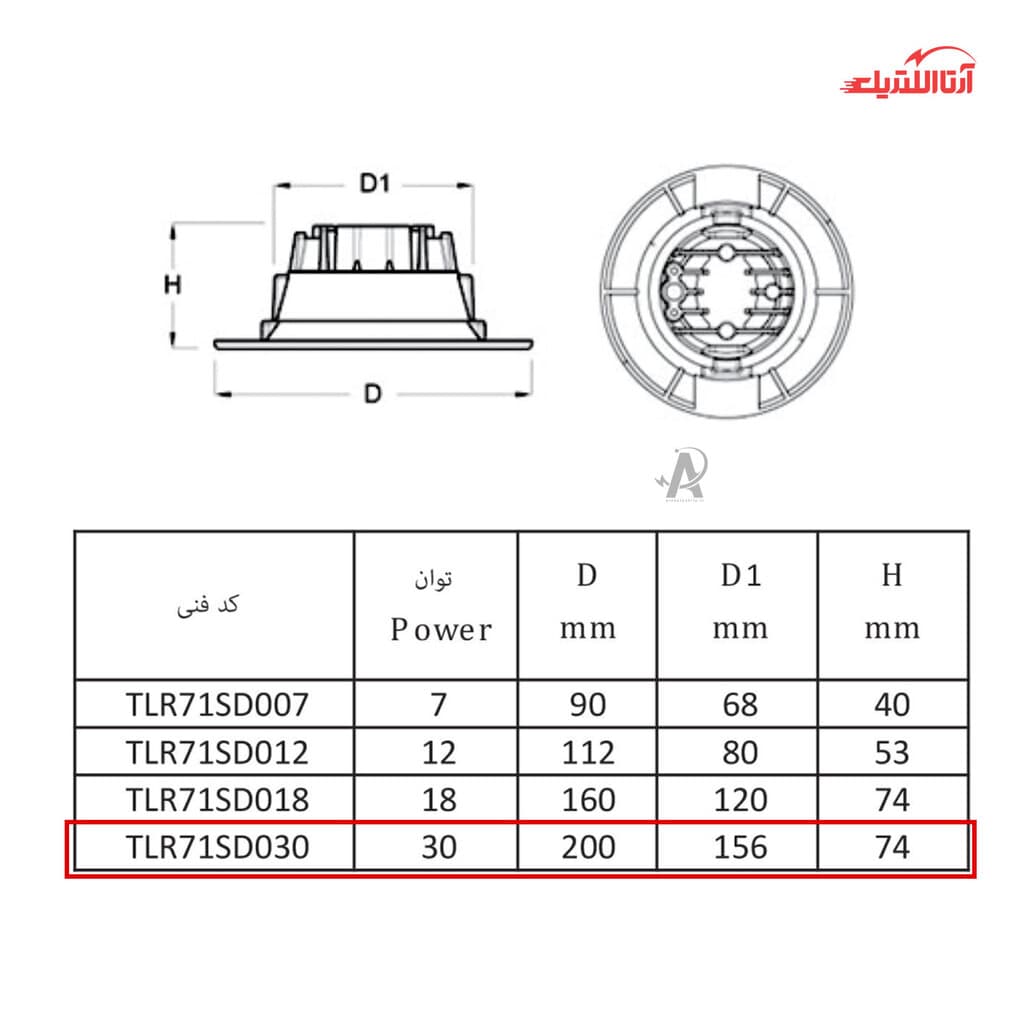 چراغ سقفی توکار 30 وات SMD تولید نور مدل سان لایت کد TLR71SD030 — تصویر ۲