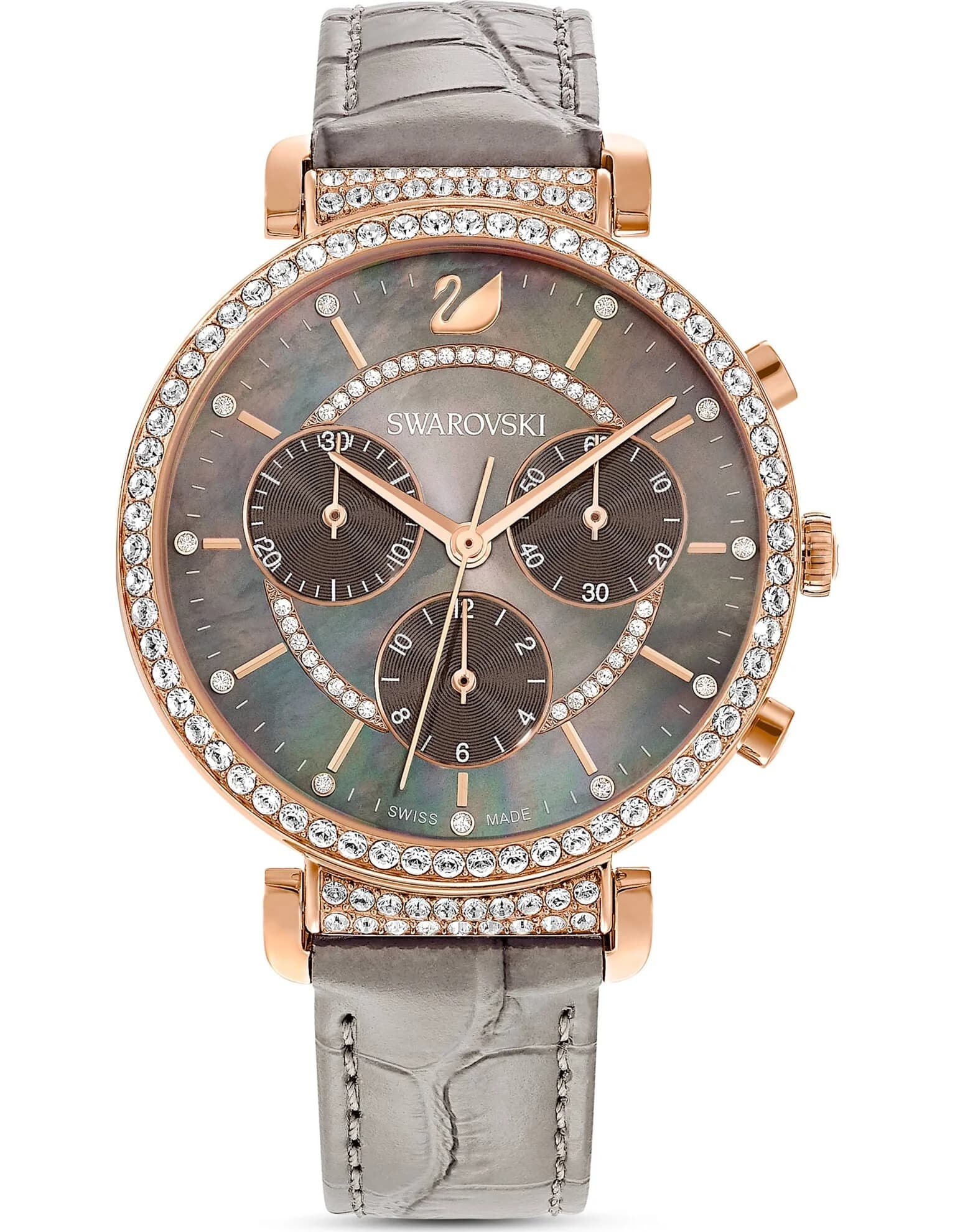 ساعت مچی طوسی چرم سوئیسی سواروسکی اورجینال Swarovski Passage Chrono watch 5580348 — تصویر ۳