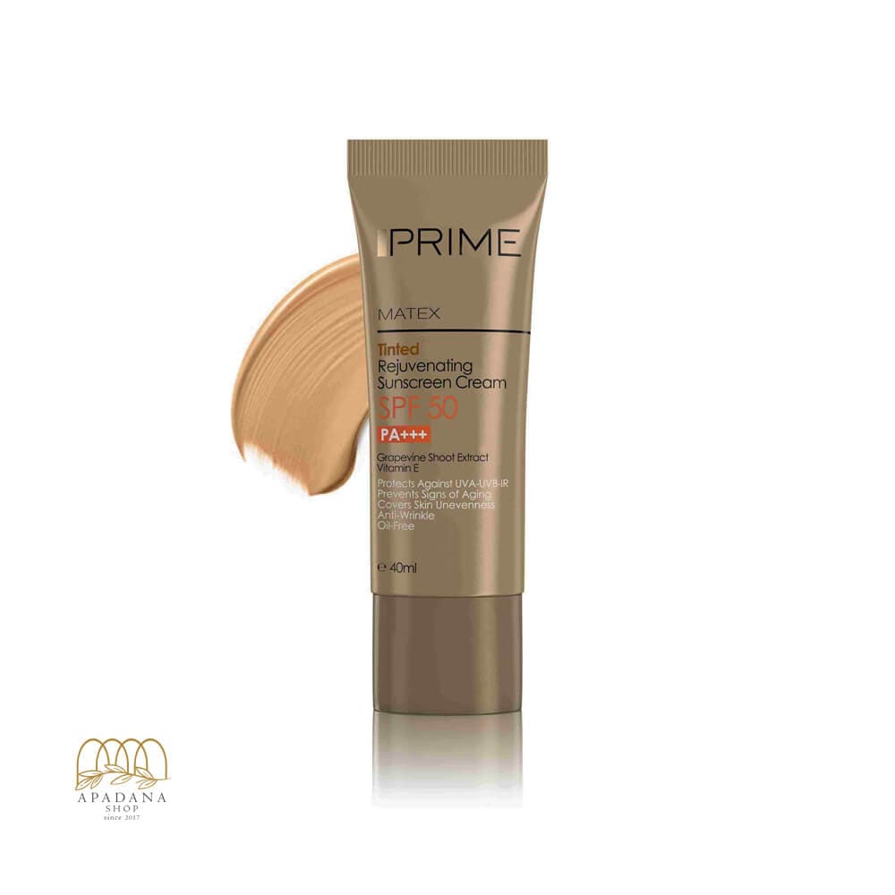کرم ضد آفتاب فاقد چربی جوان کننده رنگ طبیعی پریم مدل Matex با SPF 50 حجم 40 میل