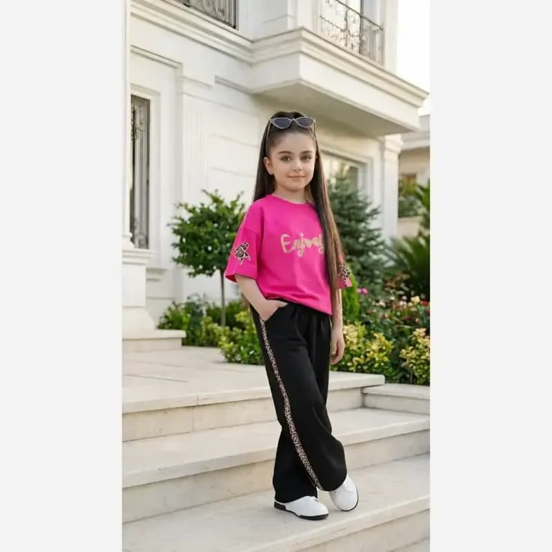ست بلوز و شلوار دخترانه طرح Enjoy جنس پنبه لاکرادار و گلکسی سایز 45 تا 65 — تصویر ۶