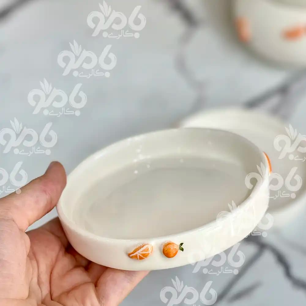 نعلبکی و زیر لیوانی سرامیکی لبه دار پرتقال برجسته — تصویر ۲
