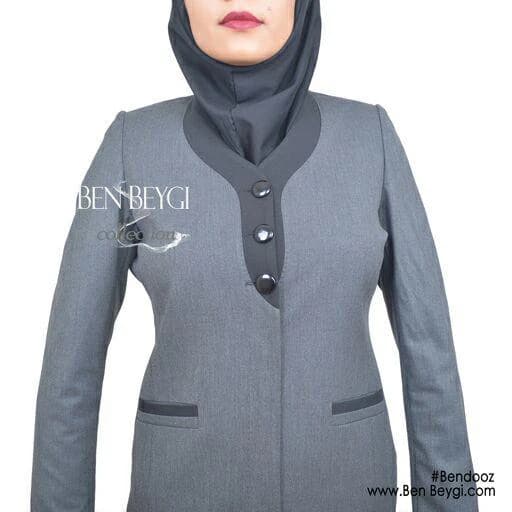 مانتو شلوار اداری ذغالی یقه گرد بانتو دوزی پارچه فاستونی کد 33494 — تصویر ۲
