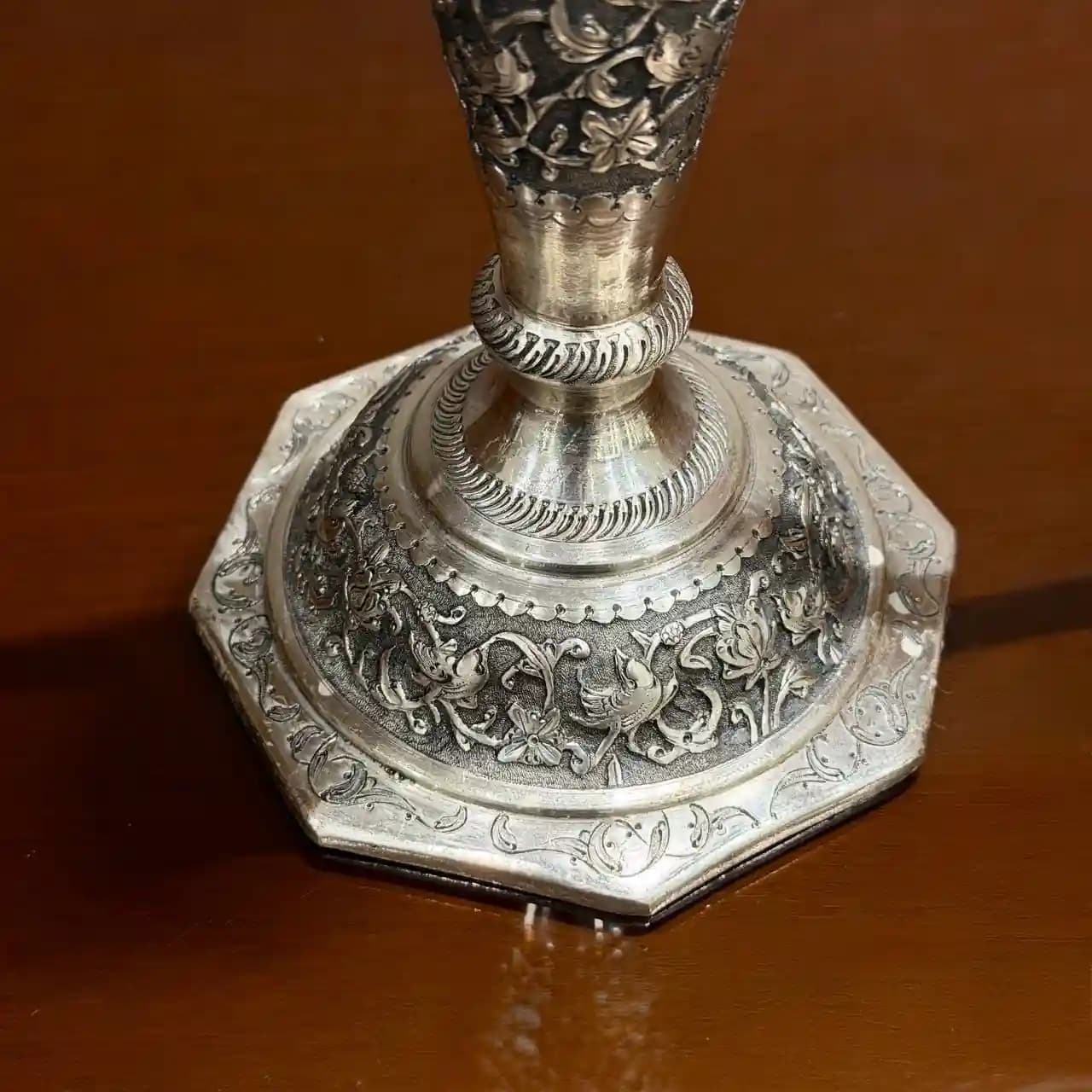 شمعدان نقره سه شاخه جفتی گل و مرغ درجه یک — تصویر ۸