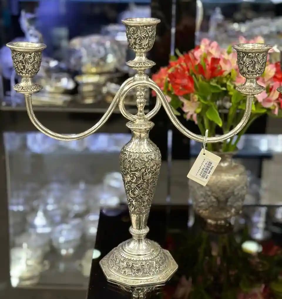 شمعدان نقره سه شاخه جفتی گل و مرغ درجه یک — تصویر ۲