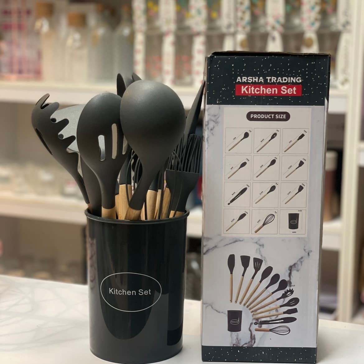 ست کفگیر و ملاقه ۱۲ پارچه سیلیکونی دسته چوبی Kitchen Set-ست بزرگ — تصویر ۵