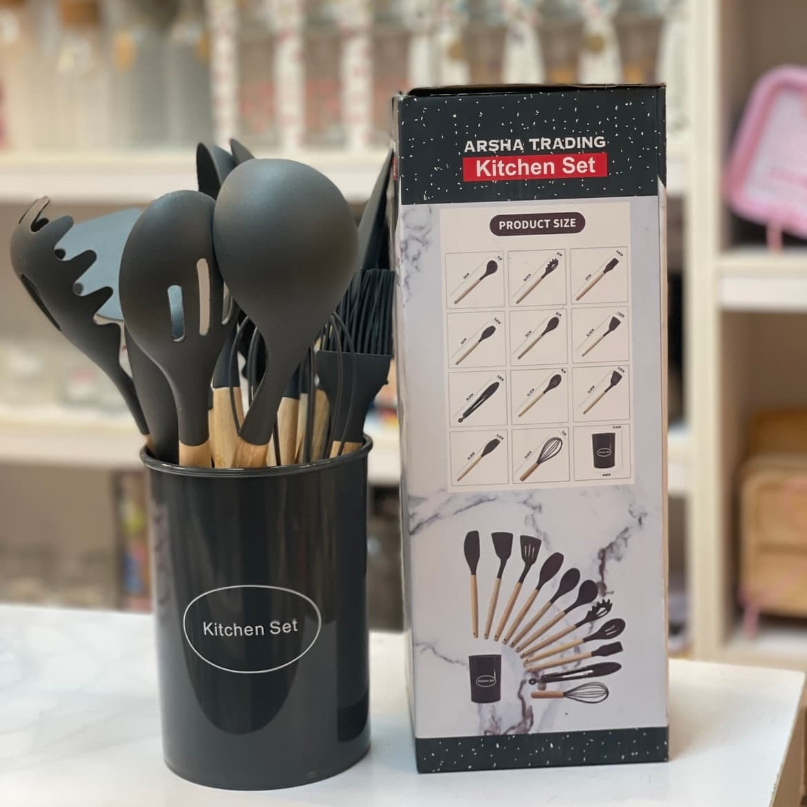 ست کفگیر و ملاقه ۱۲ پارچه سیلیکونی دسته چوبی Kitchen Set-ست بزرگ — تصویر ۸