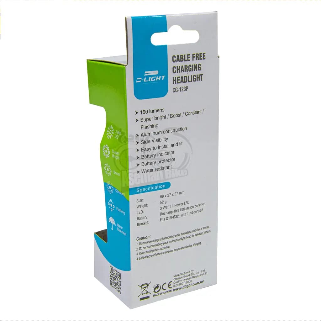 چراغ جلو دوچرخه D-LIGHT CG123P شارژی 150 لومن دی لایت ساخت تایوان — تصویر ۵