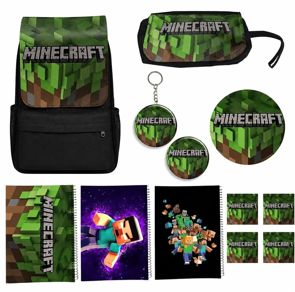 کوله پشتی مدرسه مدل ماینکرفت کد Minecraft A1 به همراه دفتر مشق و جامدادی و زیر لیوانی و جاکلیدی مجموعه 12 عددی