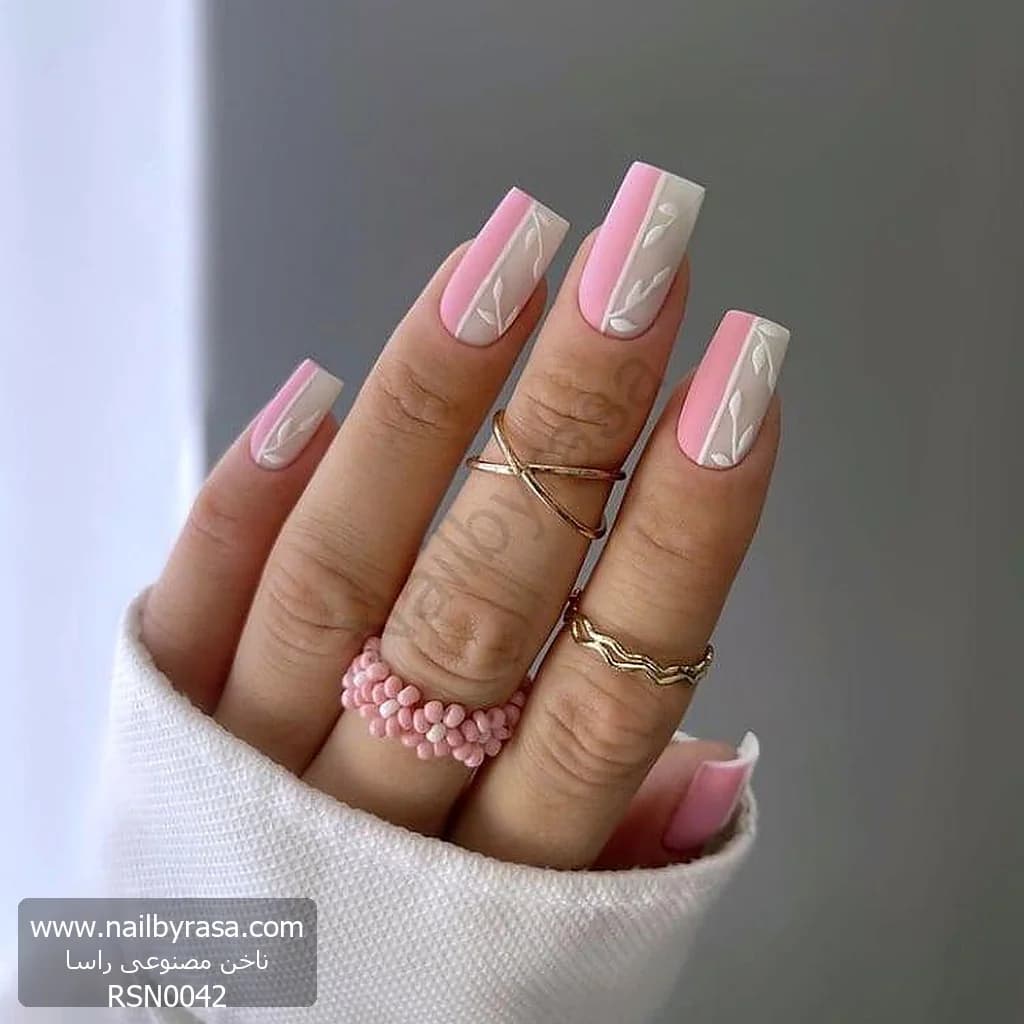 ناخن مصنوعی طرح دو رنگ صورتی و سفید با برگ برجسته (۳ بعدی) مربعی بلند راسا – RSN0042