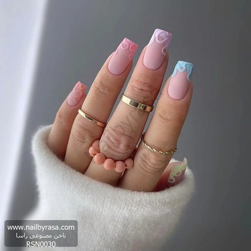ناخن مصنوعی طرح فرنچ سه بعدی و برجسته پاستلی مات مربعی بلند راسا – RSN0030
