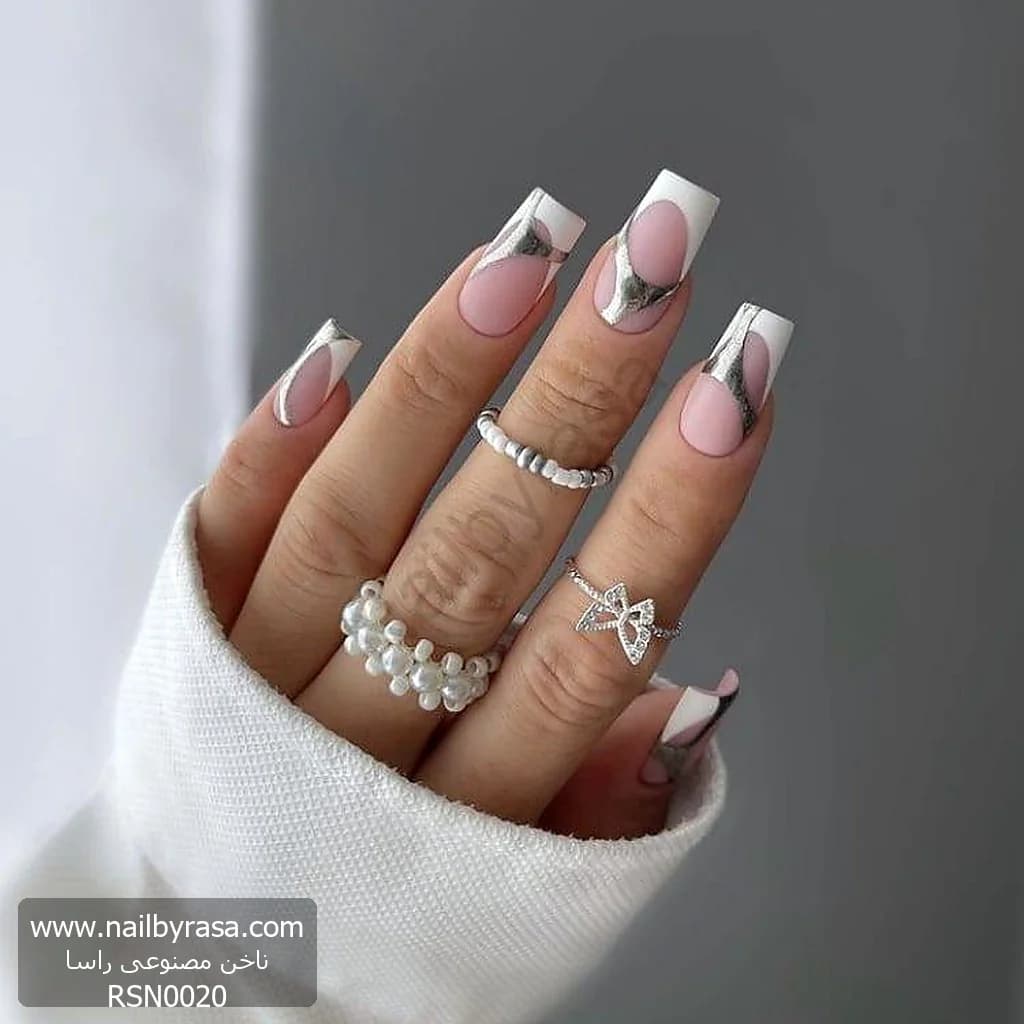 ناخن مصنوعی طرح فرنچ مدرن سفید و کروم نقرهای مربعی بلند راسا – RSN0020