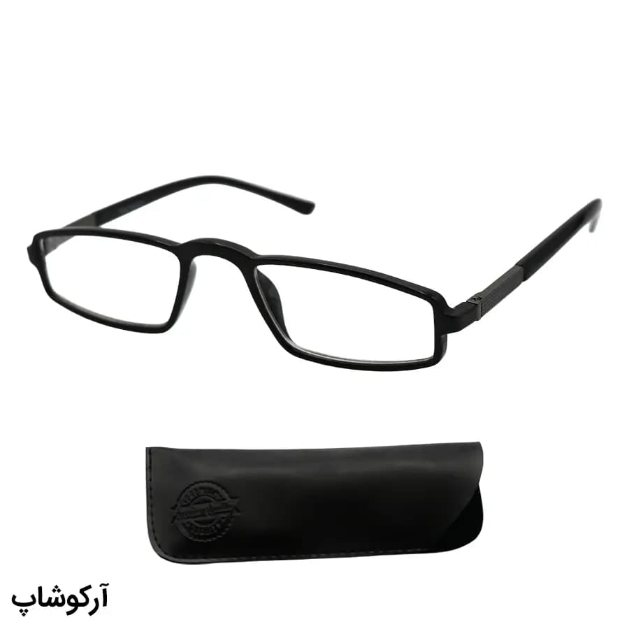عینک مطالعه نزدیک بین نمره +1.75، با فریم مشکی، شکل مستطیلی و لولا فنردار مدل M-202489