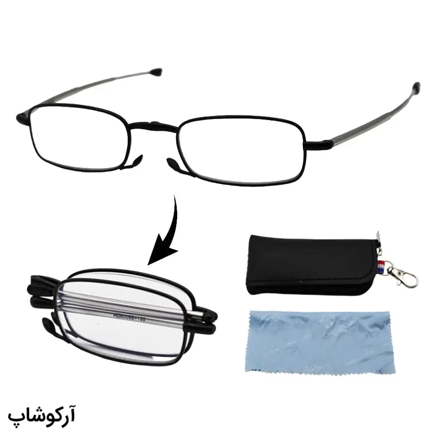 عینک مطالعه نزدیک بین با نمره +1.50 فریم مستطیلی، رنگ مشکی و دسته آنتنی و جمعشونده مدل HD6008B