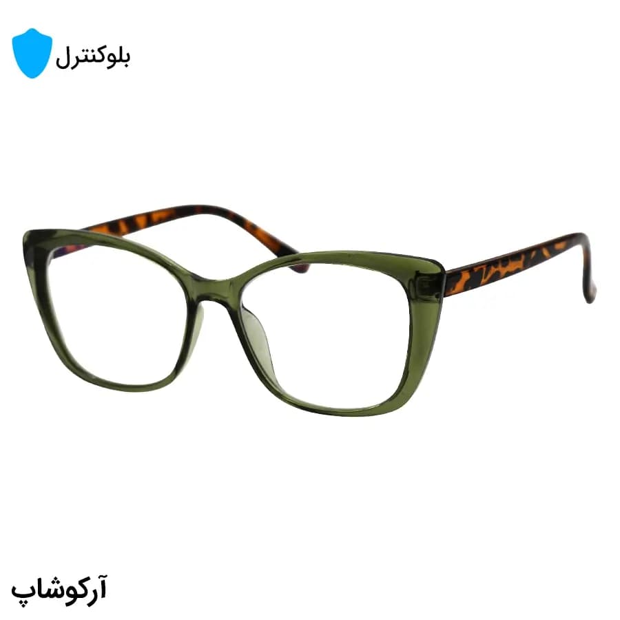 عینک زنانه بلوکنترل با فریم شکل چشم گربهای، رنگ سبز، دسته هاوانا و لنز بلوکنترل کرهای برند SKY مدل 28016 — تصویر ۴