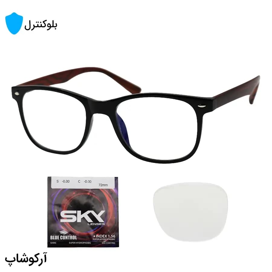 عینک بلوکنترل با فریم شکل ویفرر، رنگ مشکی براق، دسته قهوهای و لنز بلوکنترل کرهای برند SKY مدل 2470