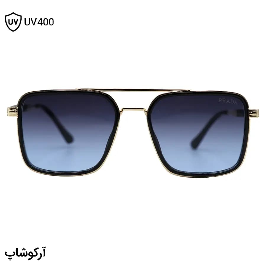 عینک آفتابی پرادا با فریم مربعی شکل، رنگ مشکی و طلایی و عدسی آبی سایه روشن مدل PR2001 — تصویر ۳