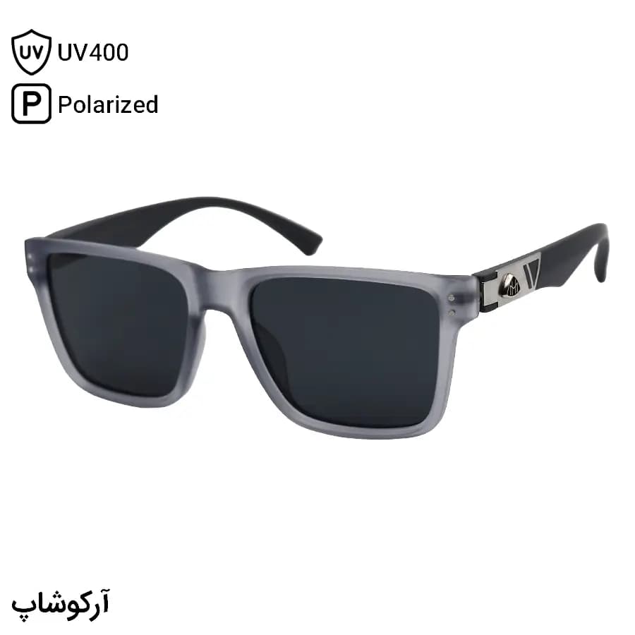 عینک آفتابی میباخ با فریم رنگ طوسی مات، مربعی شکل، دسته فنردار، لنز دودی تیره و پلاریزه مدل 7122