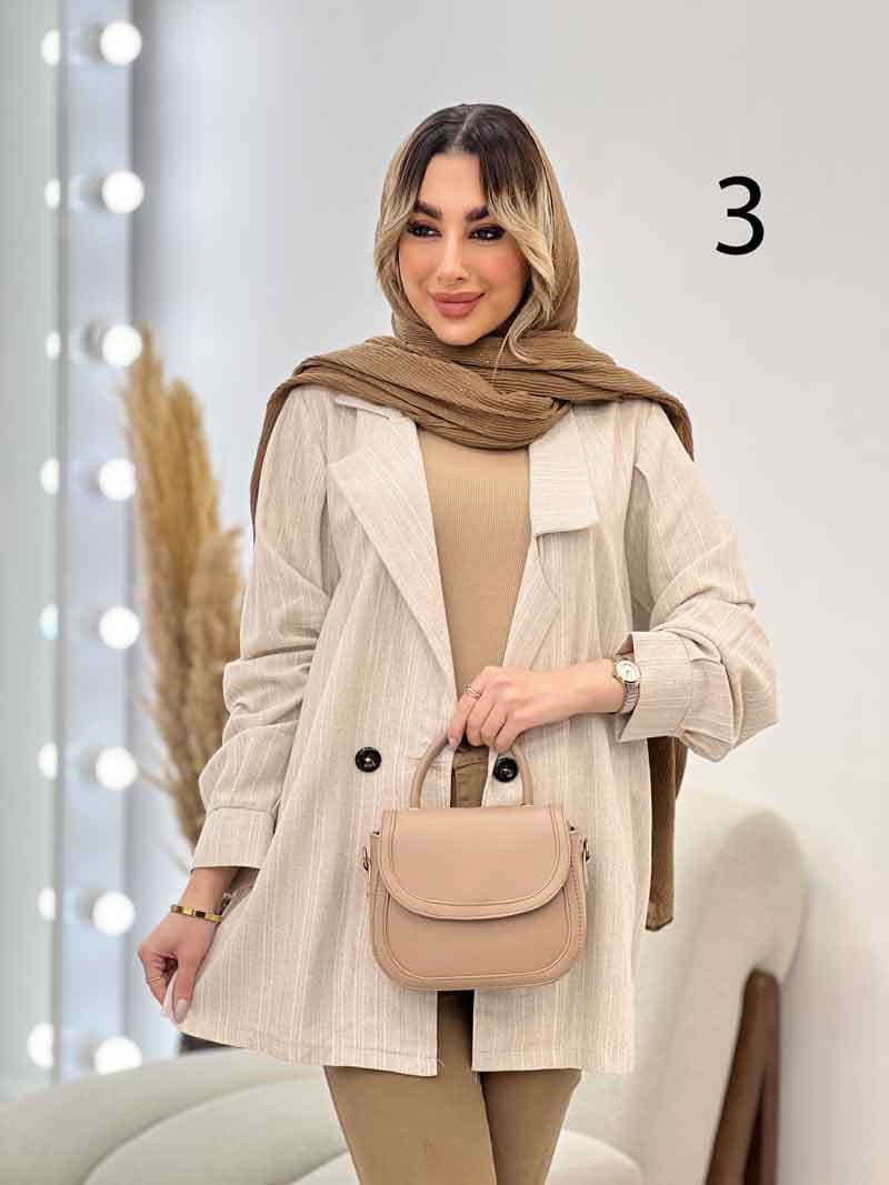 مانتو لینن نچرال یقه نامتقارن دو دکمه کد 3019 — تصویر ۴