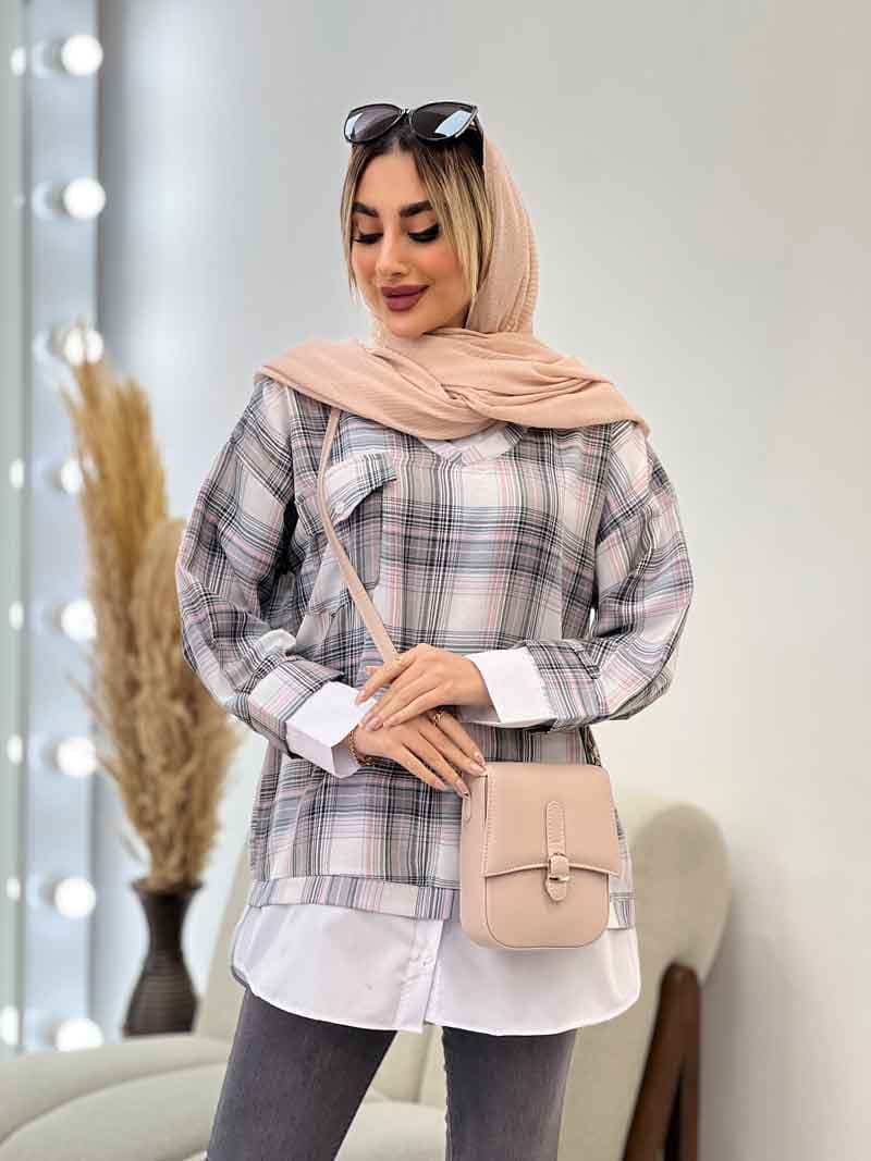 مانتو چهارخونه جلو بسته ترکیبی کد 4535 — تصویر ۲