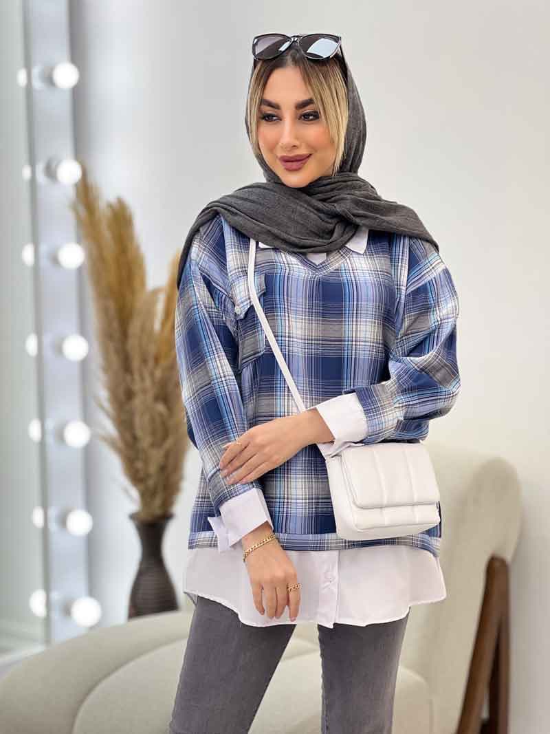 مانتو چهارخونه جلو بسته ترکیبی کد 4535 — تصویر ۳