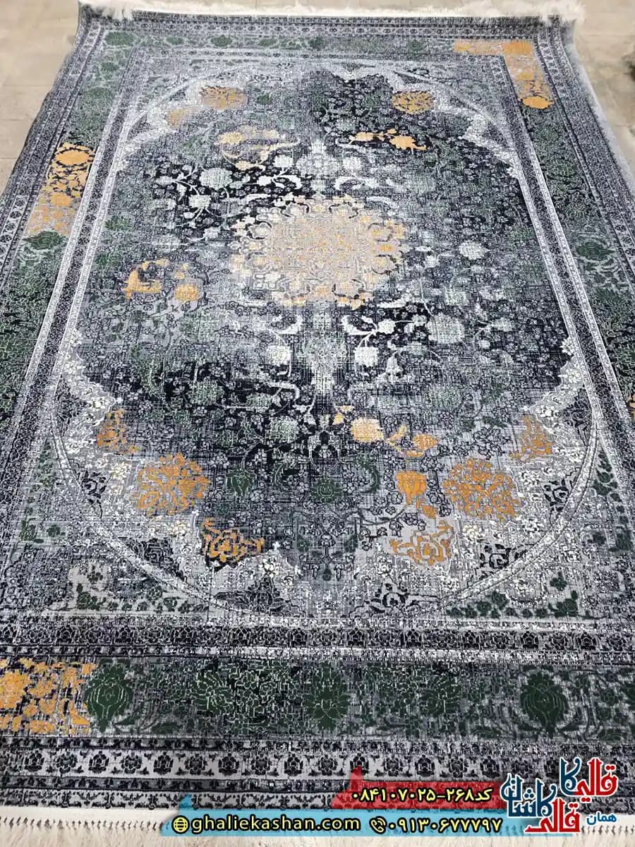 فرش وینتیج 700 شانه طرح آرمان رنگ دودی سبز کاشان — تصویر ۲