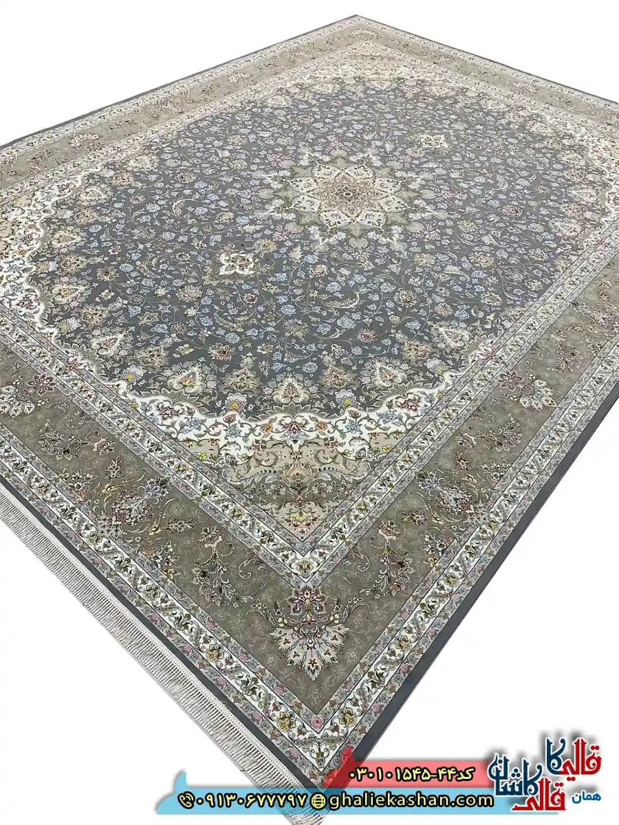 فرش 1500 شانه طرح نیلی رنگ طوسی کاشان — تصویر ۲