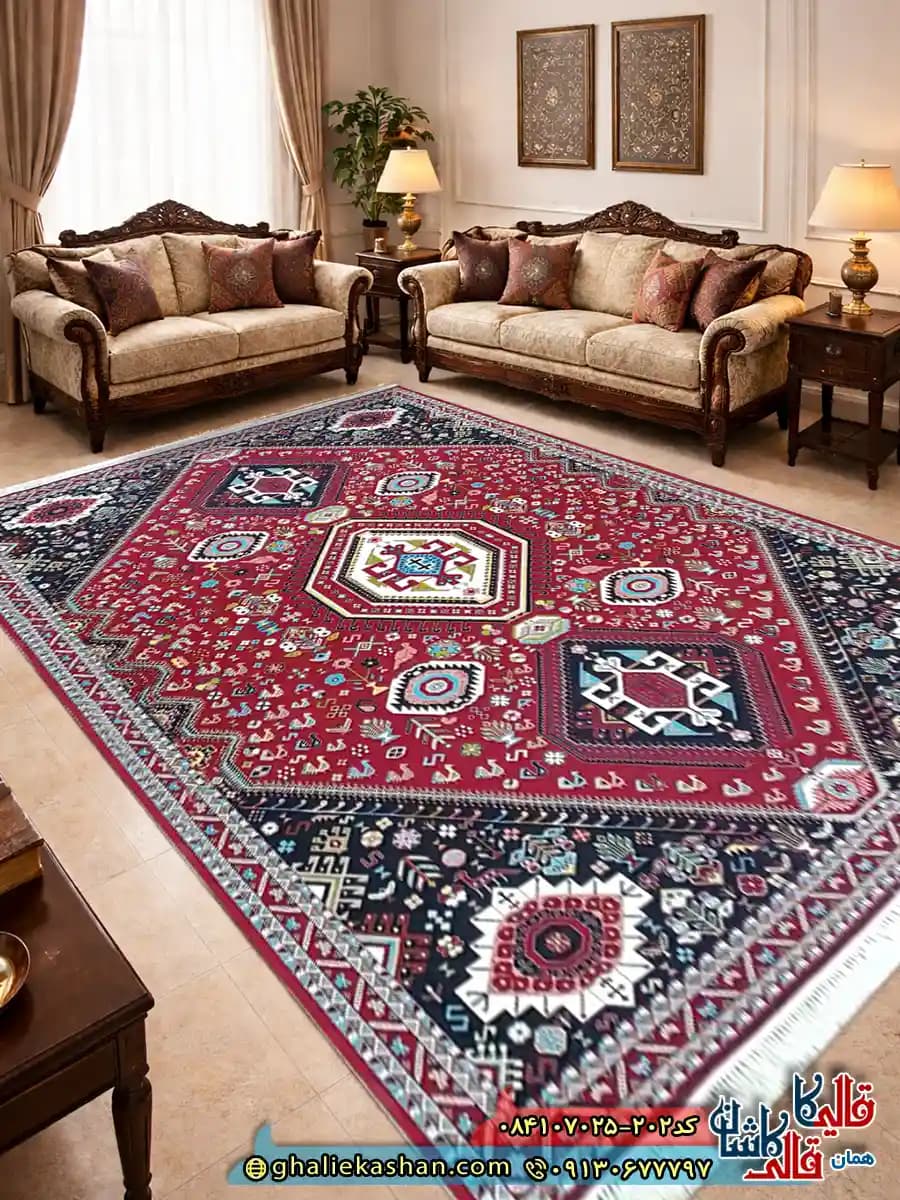 فرش سنتی 700 شانه طرح شاهسون رنگ قرمز روناسی کاشان 
