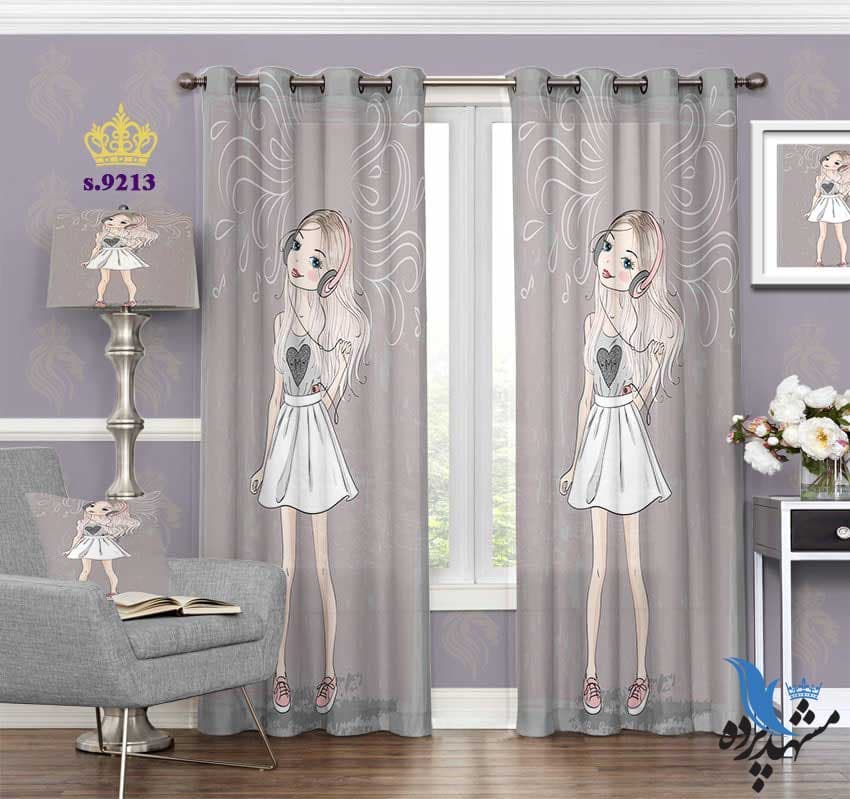 پرده پانچ دخترانه طرح دختر هدفون به گوش کد S9213