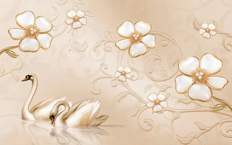 کاغذ دیواری سه بعدی طرح قو و گل