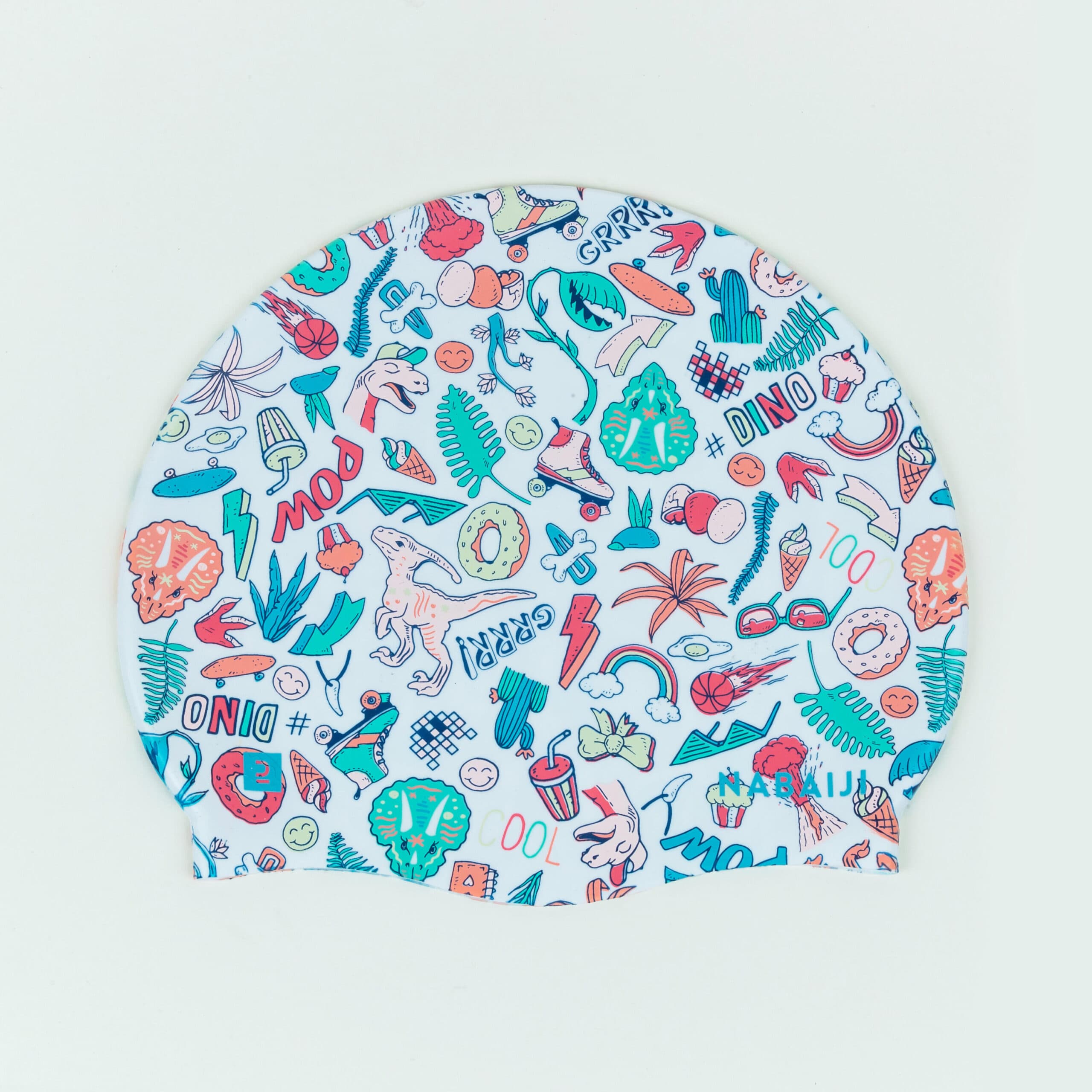 کلاه شنا نابایجی – دکتلون Nabaiji Silicone Swimming Cap – White / Dino Printed – 500