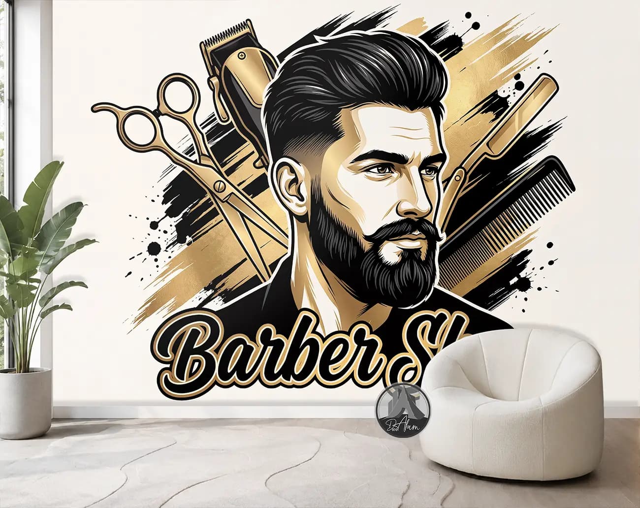 پوستر دیواری آرایشگاه مردانه با ترکیب چهره، قیچی و طراحی گرافیکی کد DA-(7046) | دکور باربرشاپ