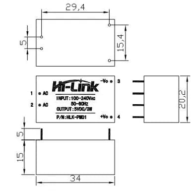 ماژول کاهنده روبردی 220V به 5V جریان 600mA مدل HLK-PM01 برند Hi-Link — تصویر ۳
