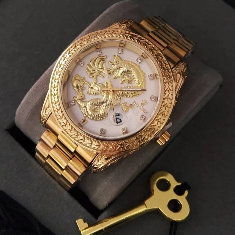 ساعت رولکس مردانه طرح اژدها Rolex Dragon کد 5001 (طلایی صفحه سفید)