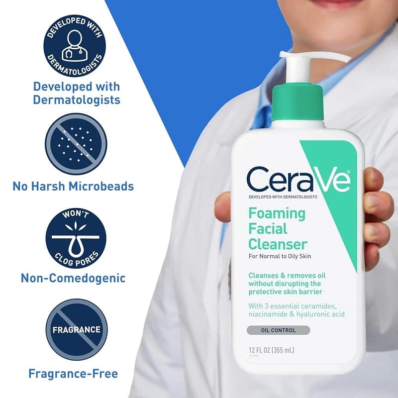 فوم شستشوی صورت سراوی Cerave – مخصوص پوست نرمال و چرب (نیاسینامید و هیالورونیک اسید) — تصویر ۲
