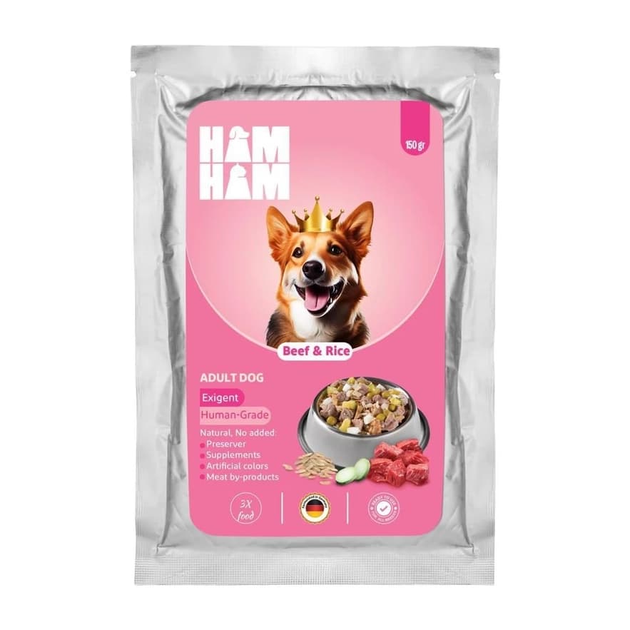 پوچ سگ هام هام گوشت و برنج Ham Ham وزن 150 گرم