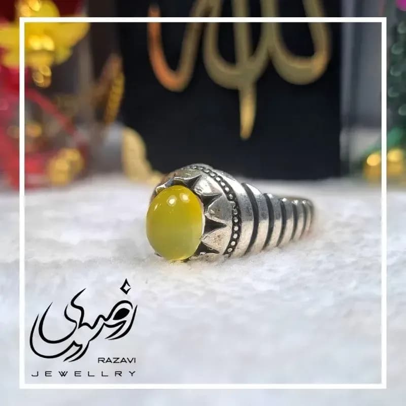 انگشتر نقره مردانه طرح شیر و خورشید با نگین شرف الشمس — تصویر ۴