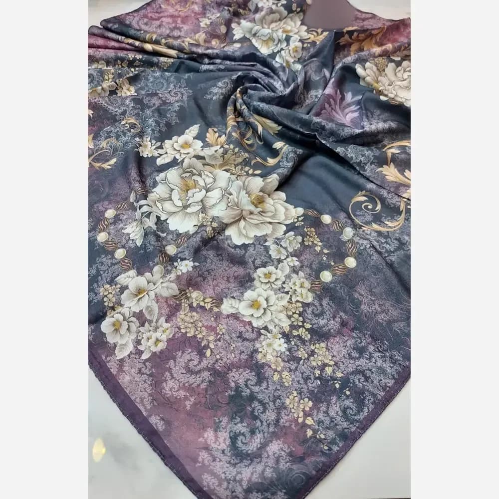 روسری نخی زنانه طرح گل قواره یک متری دوردوخت — تصویر ۲