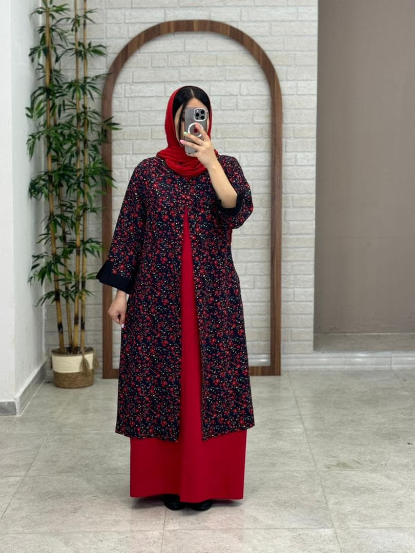 مانتو جیب در پیله سورمه ای تیره گل قرمز