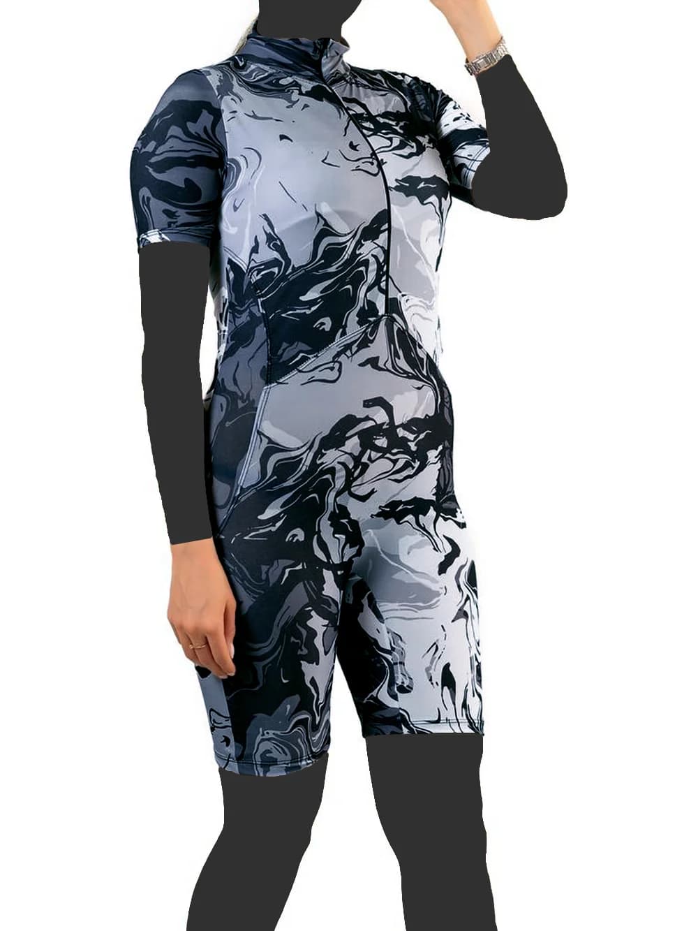 مایو پوشیده زنانه بصورت نیمه اسلامی پادار و آستین دار شیک اسپیدو ( Speedo ) طوسی — تصویر ۳