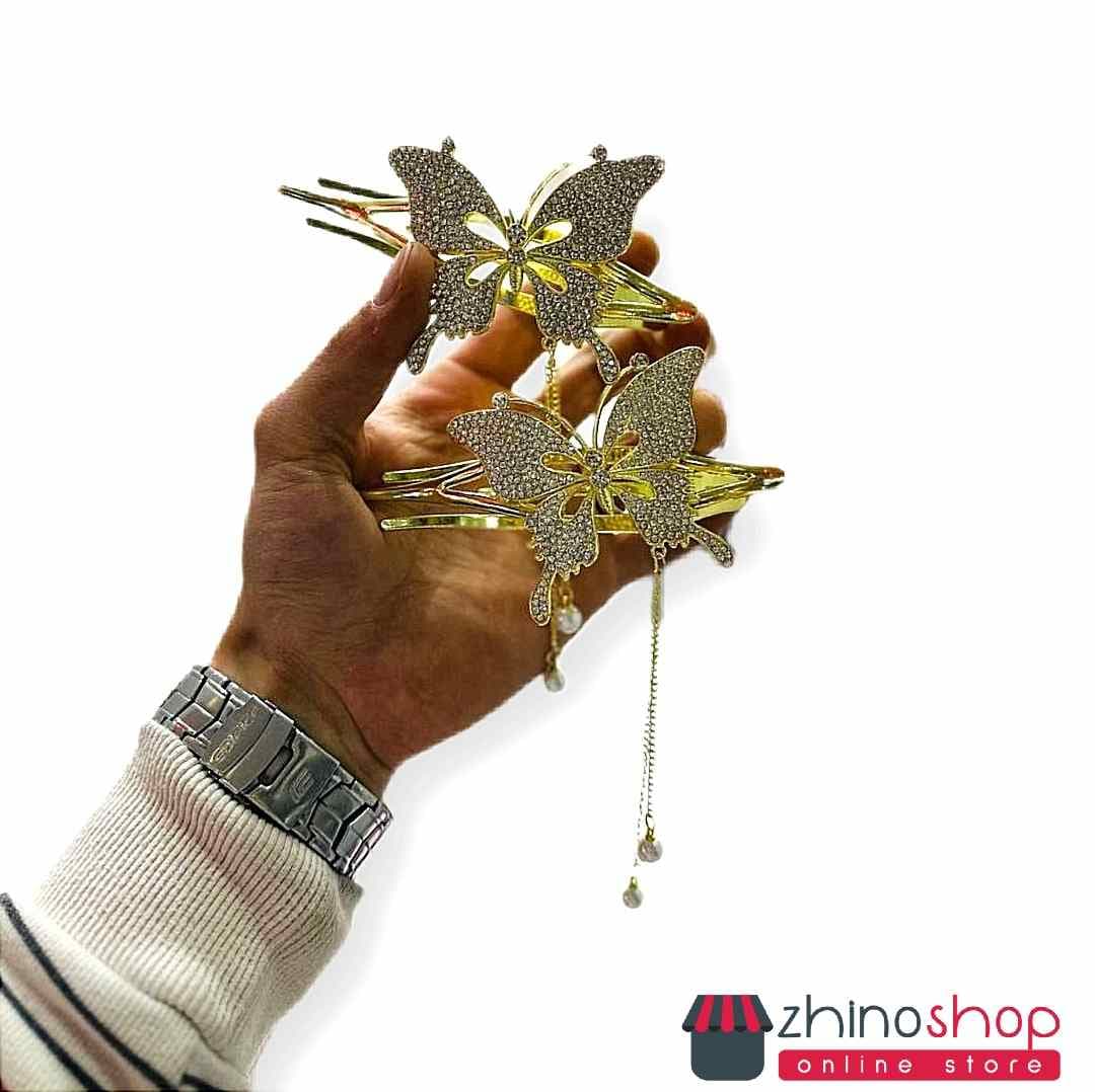 کلیپس انبری فلزی مجلسی طلایی رنگ ثابت(پروانه) فوق العاده زیبا