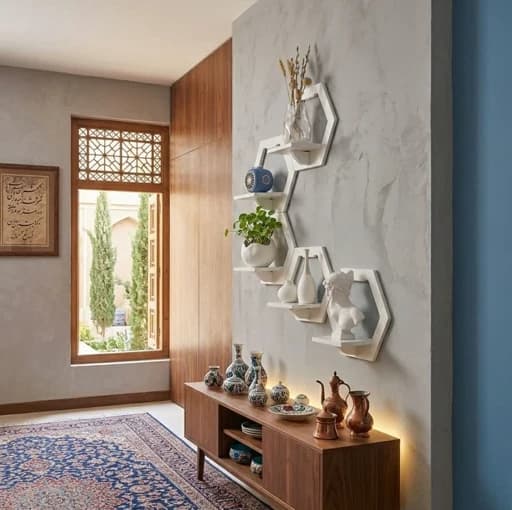 شلف دیواری شش ضلعی چوبی مدل کندویی پک 5تایی مبلمان فرنا مدل 1123422