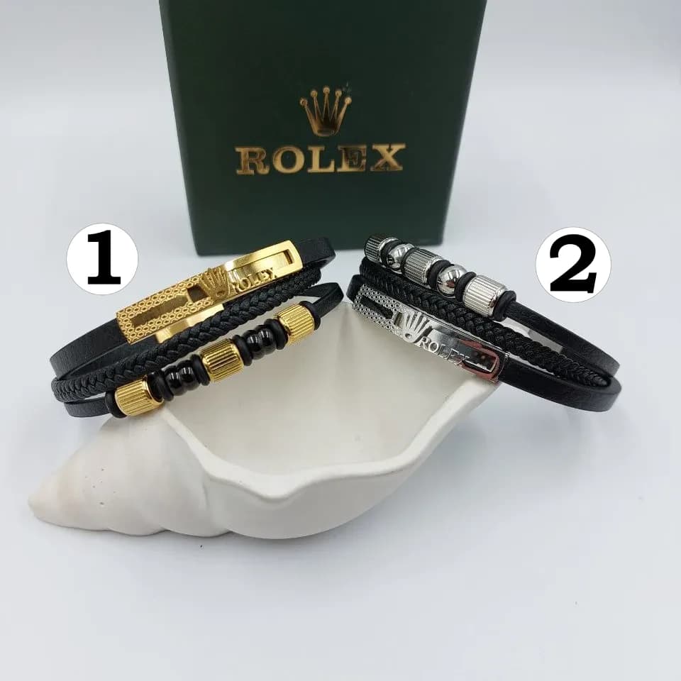 دستبند چرمی رولکس rolex مردانه قفل مگنتی کلاسیک رنگ طلایی و نقره ای کد zmp 246586