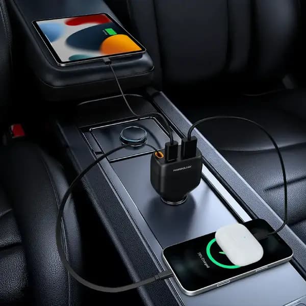 شارژر فندکی 81 وات پاورولوژی مدل Powerology Cyber 81W USB-C Retractable Car Charger — تصویر ۲