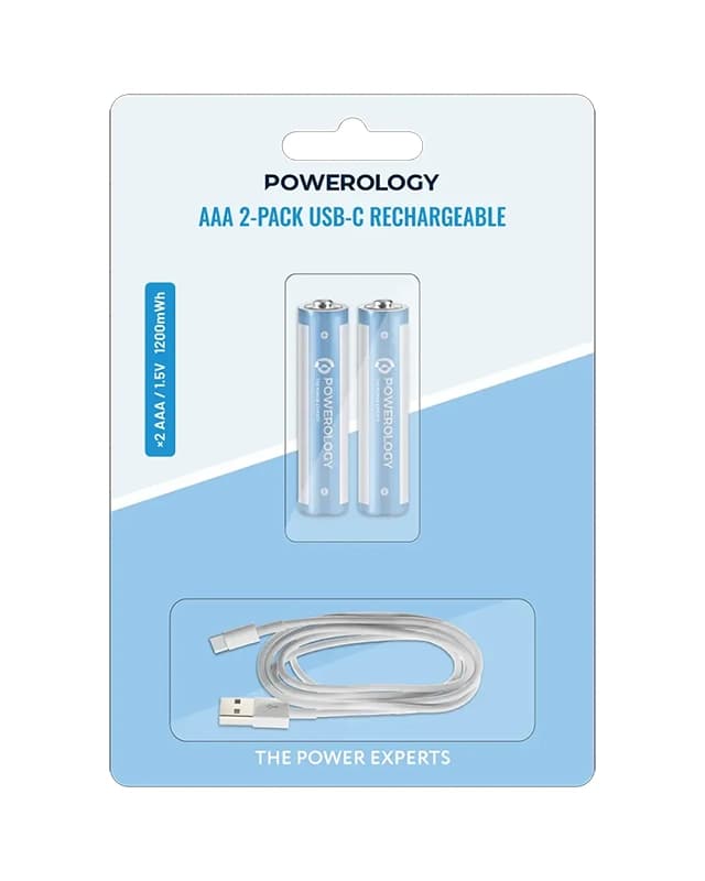 باتری نیم قلمی پاورولوژی Powerology AAA 2-Pack USB-C Rechargeable PWAAA122 دو تایی